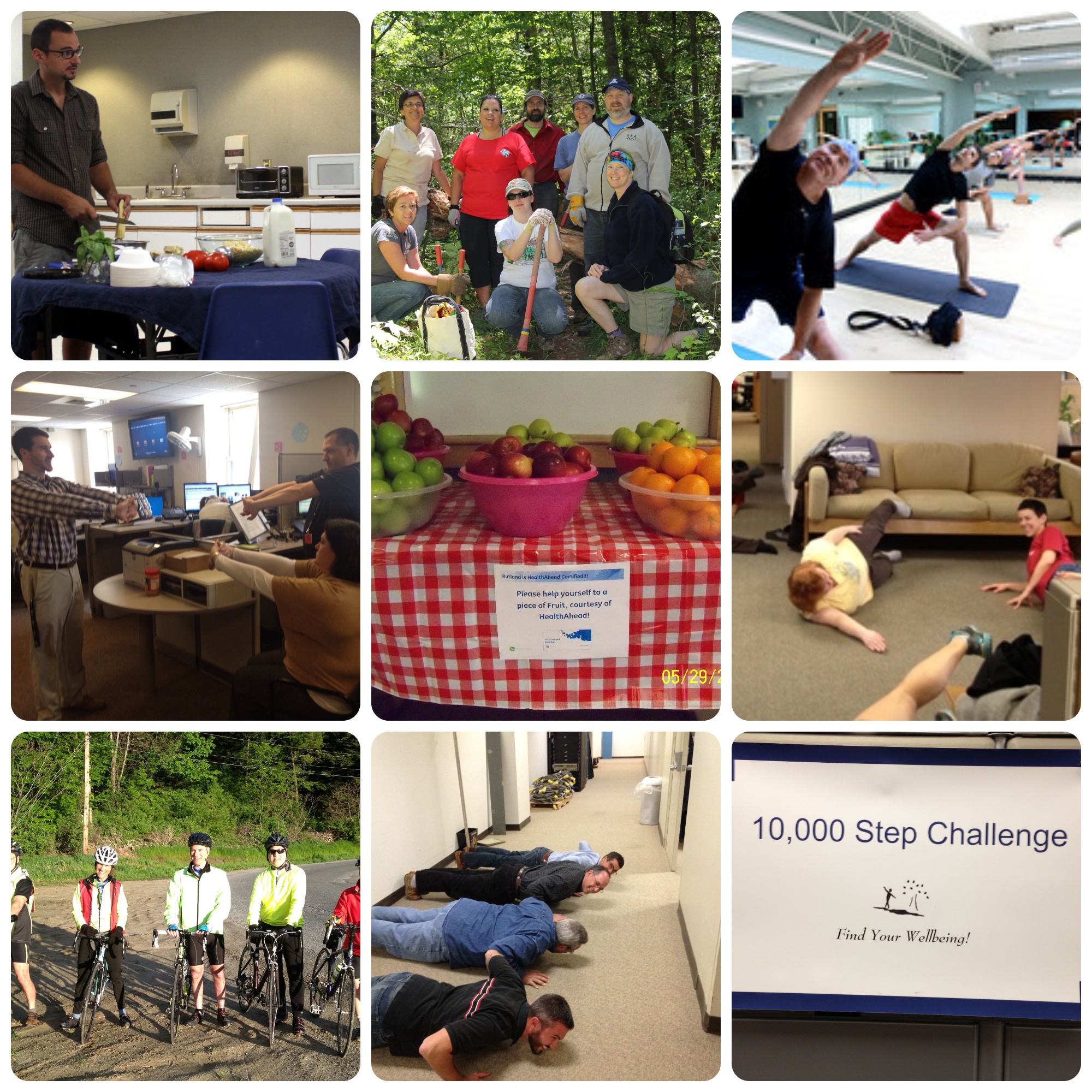 Collage of 9 photos showing worksite wellness activities