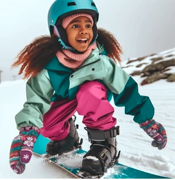 smiling child wearing snow jacket and pants and helmet and riding a snowboard