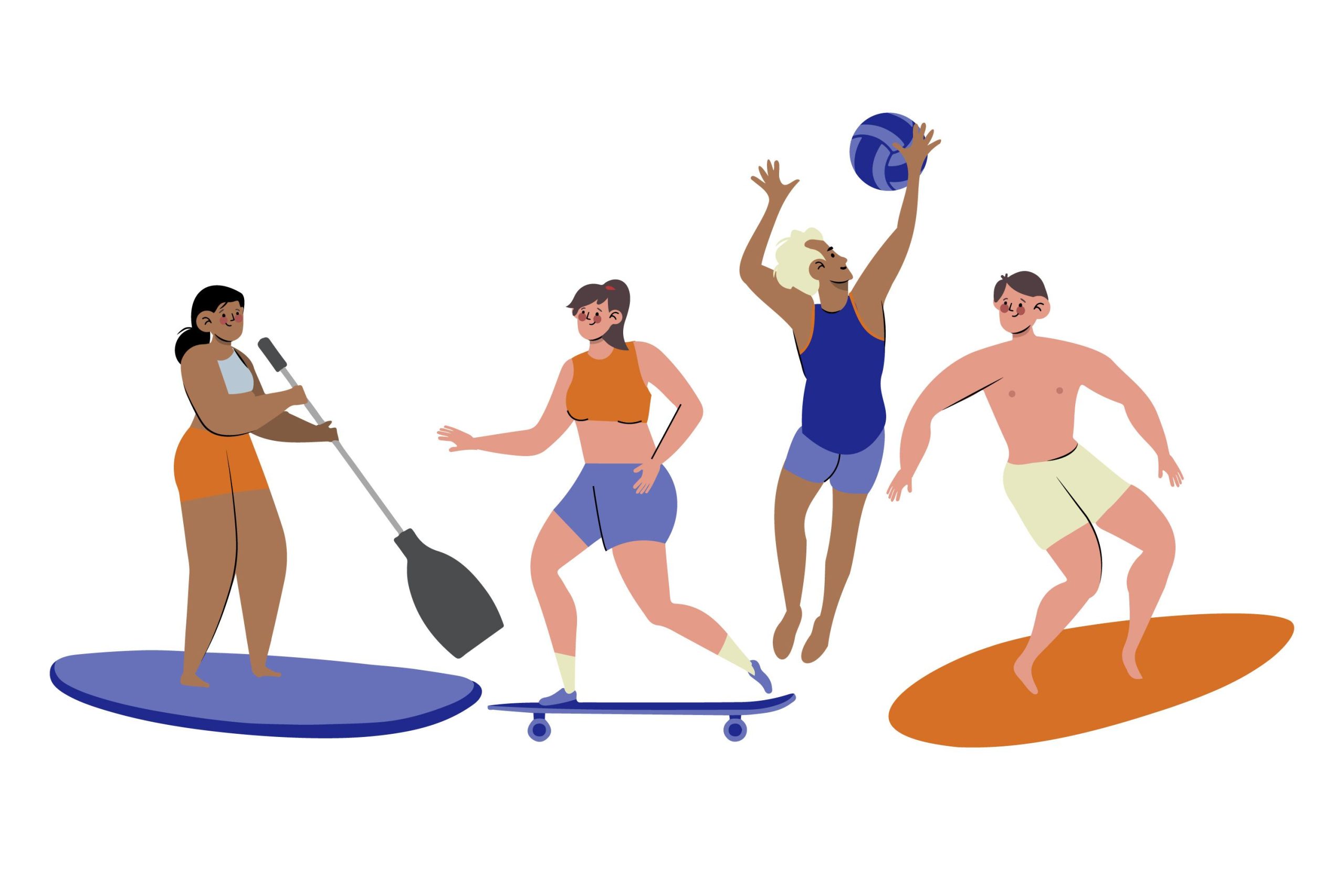 illustrations of people doing summer outdoor sports activities.